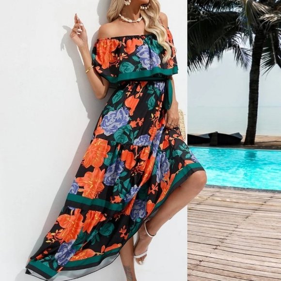 Multicolor Boho Womens Floral Print Off Shoulder Belted A-line Dress - Picture 5 of 5